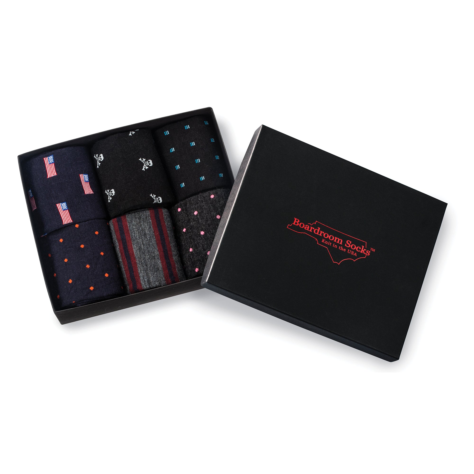 opened Boardroom Socks gift box filled with six pairs of fun merino wool dress socks